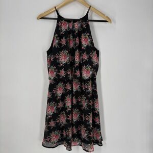 DNA Couture Dress Womens Small Black Floral Halter Blouson Chiffon Sundress Mini